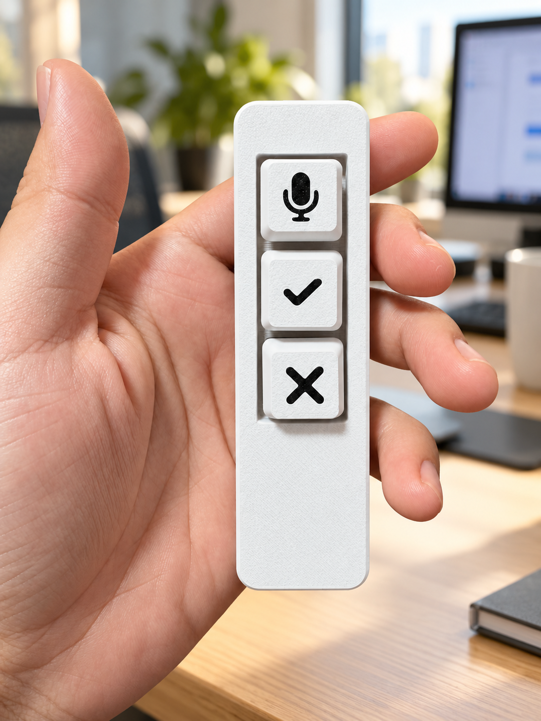 手持白色 Voice KB 实拍主体与办公室背景的合成图